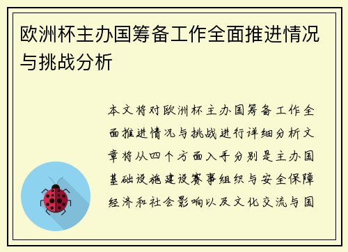 欧洲杯主办国筹备工作全面推进情况与挑战分析