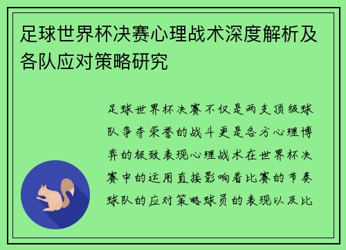 足球世界杯决赛心理战术深度解析及各队应对策略研究